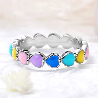 Rainbow Hearts Ring In 925 Sterling Silver And Hand Painted Enamel