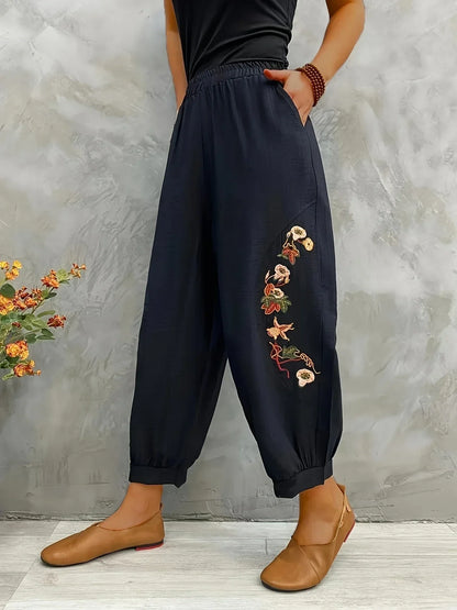 CD | Pantaloni casual eleganți cu broderie florală pentru femei