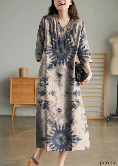 White Print8 Loose Linen Long Dresses Button Half Sleeve