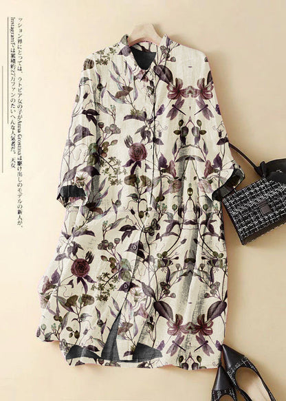 White Flowers Embroidered Patchwork Linen Shirt Dress Summer