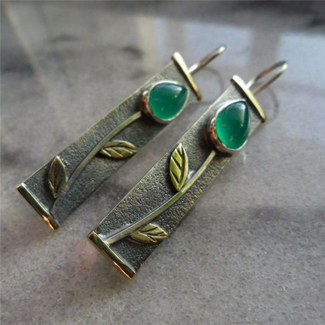 Vintage Flower Earrings With Green Stone