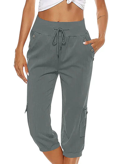 CD | Pantaloni cargo cu cordon pentru femei, talie elastică, pantaloni casual capri