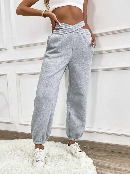 CD | Grey Pantaloni jogging eleganți din tricot de culoare uni pentru femei