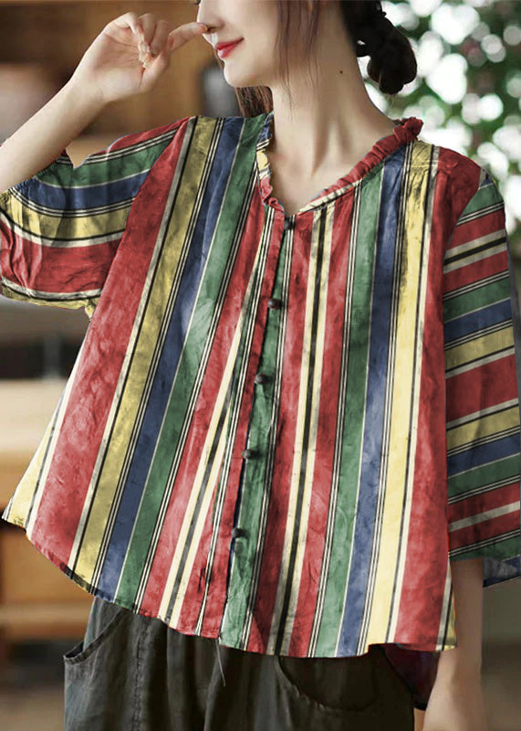 Brown Geometry V Neck Ruffled Print Linen Blouse Top Half Sleeve