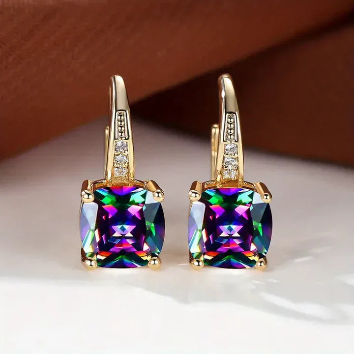 Mystic Gemstone Stone Hoop Gold Earrings