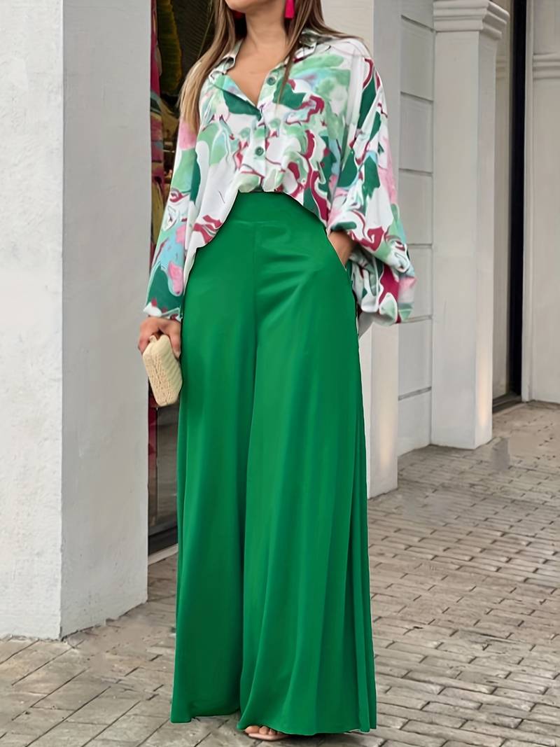 CD | Bluză imprimată elegantă și pantaloni largi pentru femei într-un set din două piese