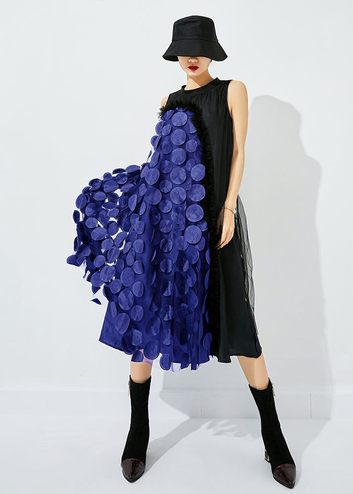 Black-green Dot Asymmetrical Patchwork Wrinkled Tulle Maxi Dress Sleeveless