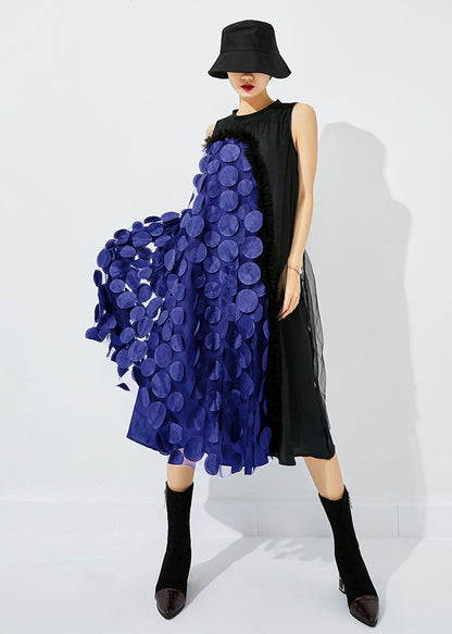 Black-blue Dot Asymmetrical Patchwork Wrinkled Tulle Maxi Dress Sleeveless