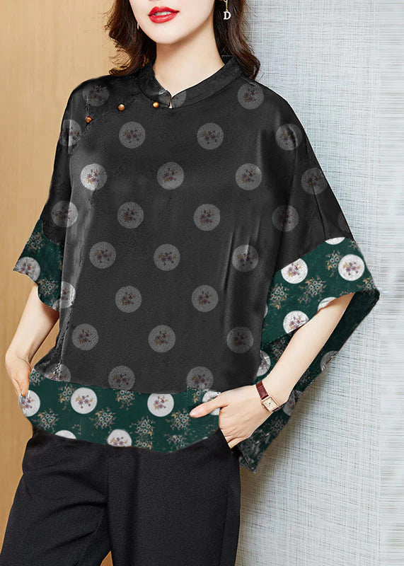 White Text Mandarin Collar Asymmetrical Patchwork Jacquard Silk Shirts Batwing Sleeve
