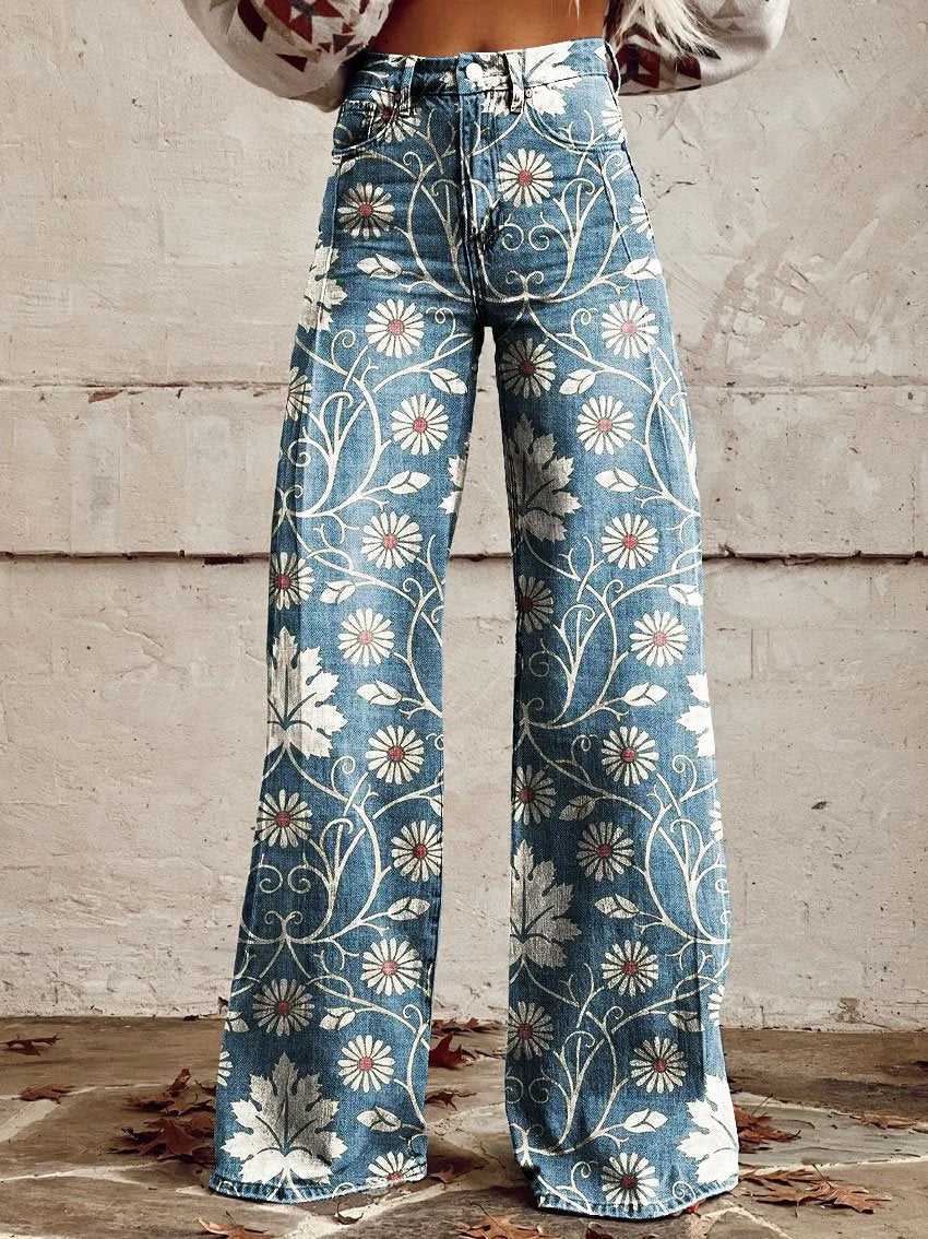 CD | Annett™ Pantaloni casual imprimați vintage cu picioare largi