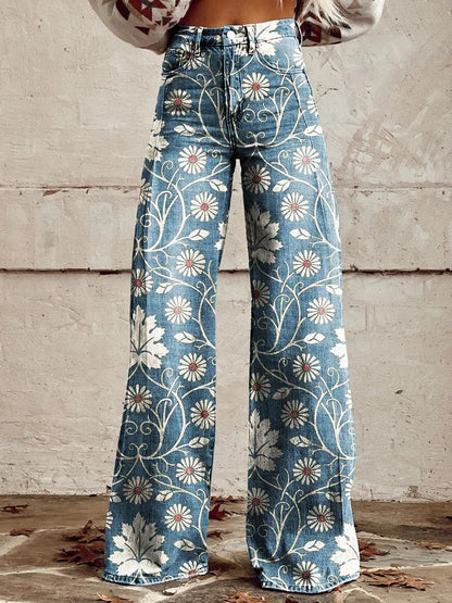 CD | Annett™ Pantaloni casual imprimați vintage cu picioare largi