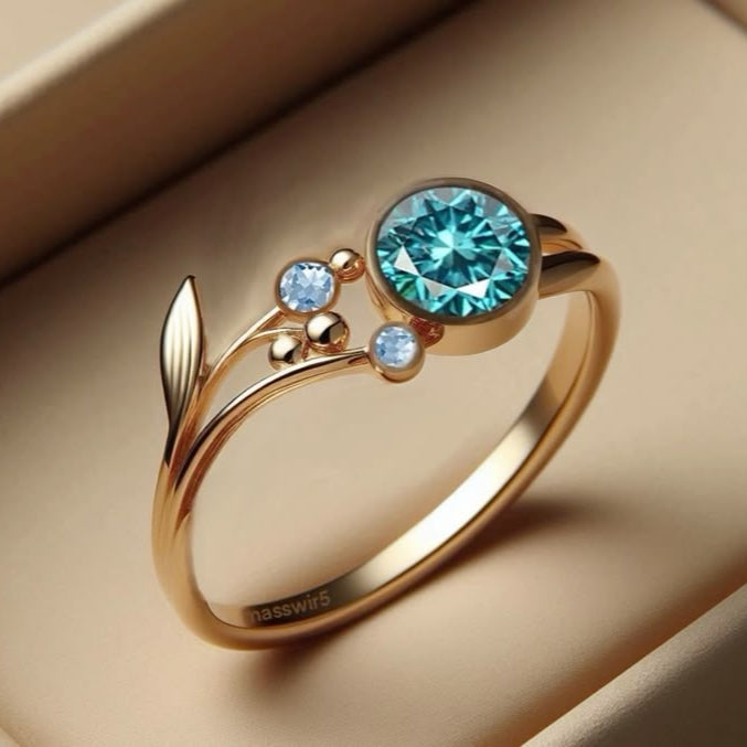 Exotic Inlaid Fine Blue Glass Gold Ring