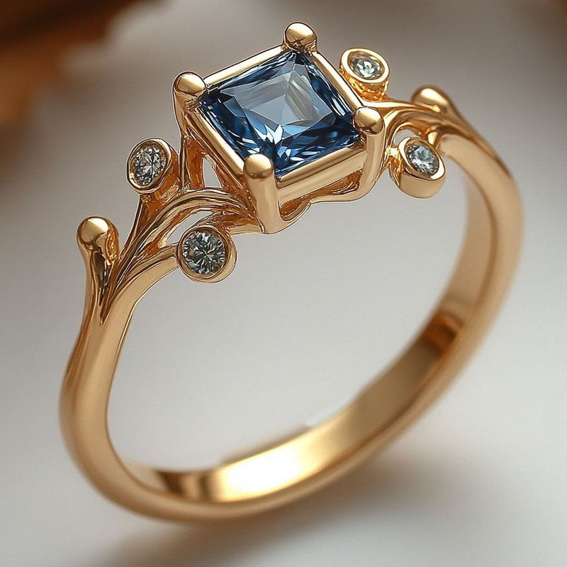 Inlaid Cubic Blue Glass Gold Ring
