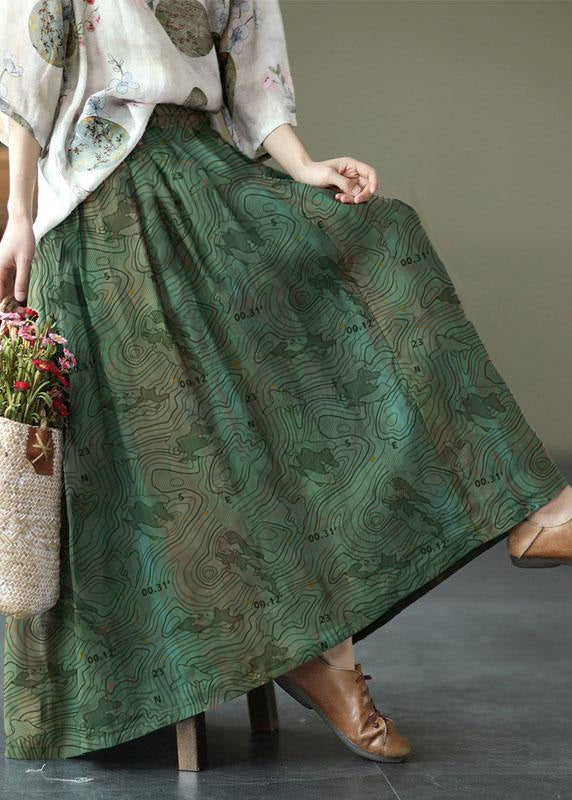 Green Print Ramie Elastic Waist Skirt