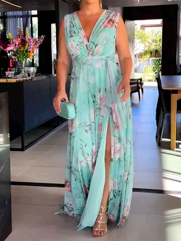CD | Rochie maxi din flori cu crăpătură