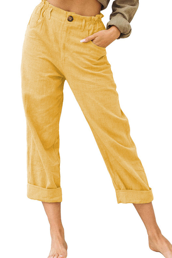 CD | Culoare solidă bumbac și lenjerie la modă vrac pantaloni casual cu talie înaltă