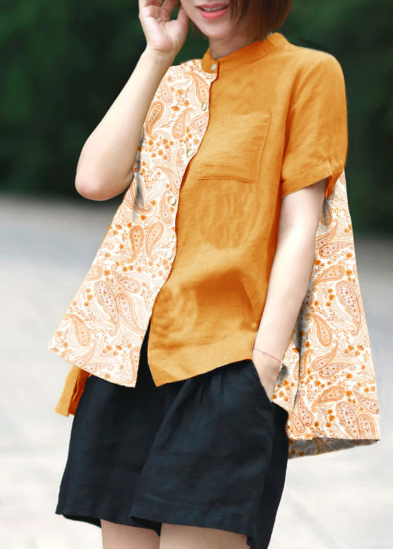 Green Dot Print Patchwork Linen Top Button Stand Collar Summer