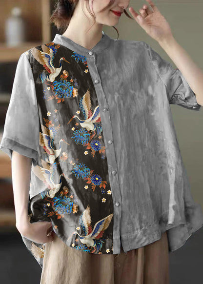 Blue Stand Collar Print Tops Half Sleeve
