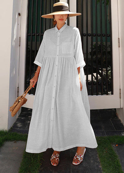 Pink Peter Pan Collar Striped Button Pockets Wrinkled Long Dresses Half Sleeve