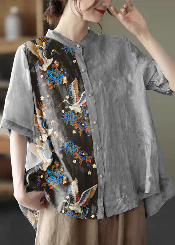 Colorful Hearts Stand Collar Print Tops Half Sleeve