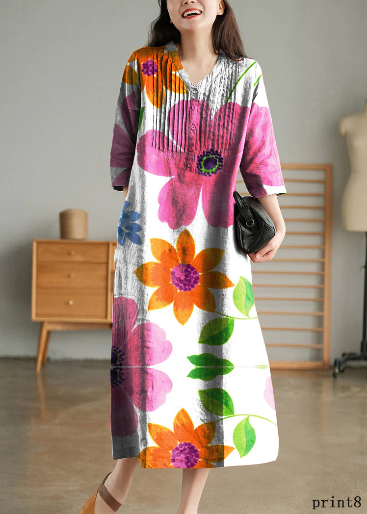 White Print9 Loose Linen Long Dresses Button Half Sleeve