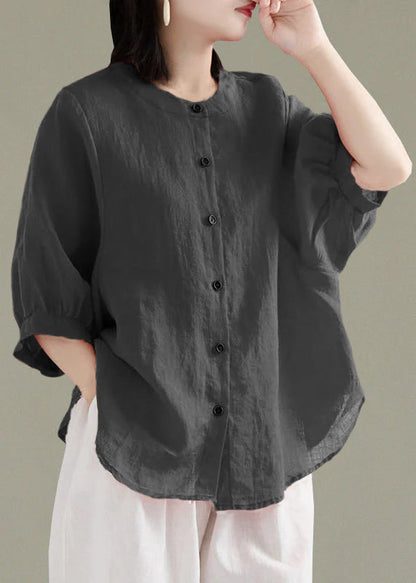 Art Red O-neck Button Linen Loose Shirt Top Lantern Sleeve