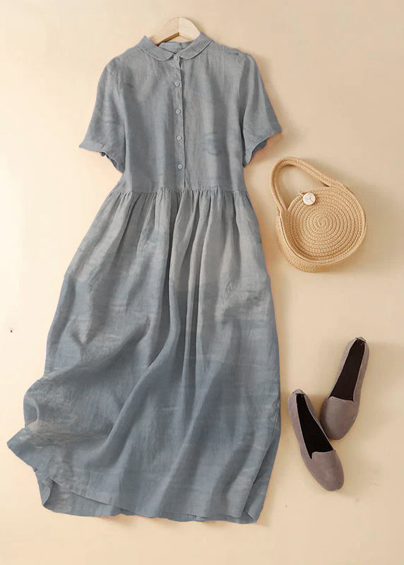 Unique Apricot Flowers Peter Pan Collar Wrinkled Linen Holiday Dress Short Sleeve