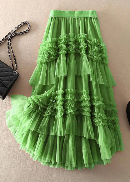 Khaki Asymmetrical Design Tulle Tiered Fall Skirt