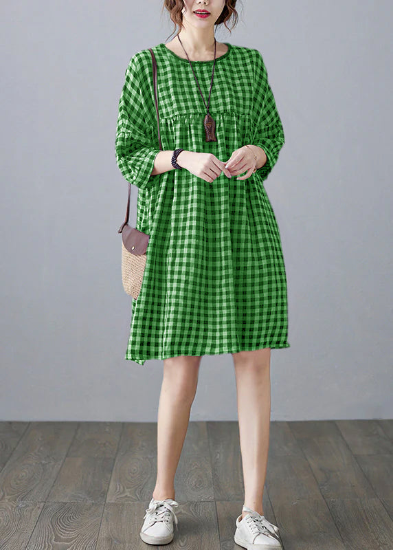 O-neck Wrinkled Pocket Purple Linen Loose Dresses Half Sleeve