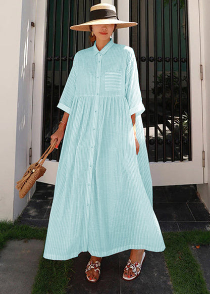 Rose Peter Pan Collar Striped Button Pockets Wrinkled Long Dresses Half Sleeve