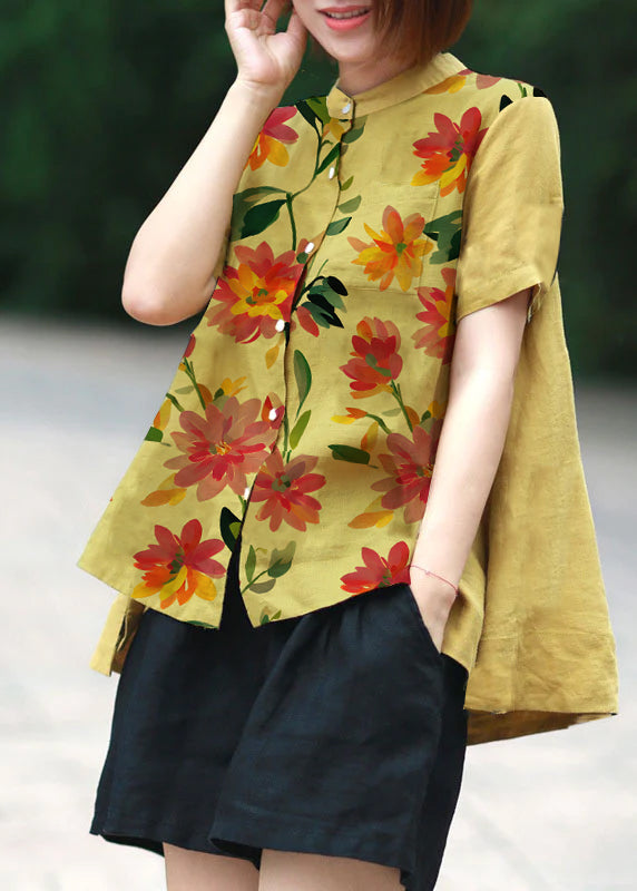Dark Green Dot Print Patchwork Linen Top Button Stand Collar Summer