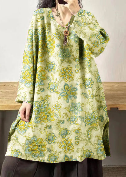 Yellow Flower V Neck Embroidered Patchwork Linen Mid Dresses Fall