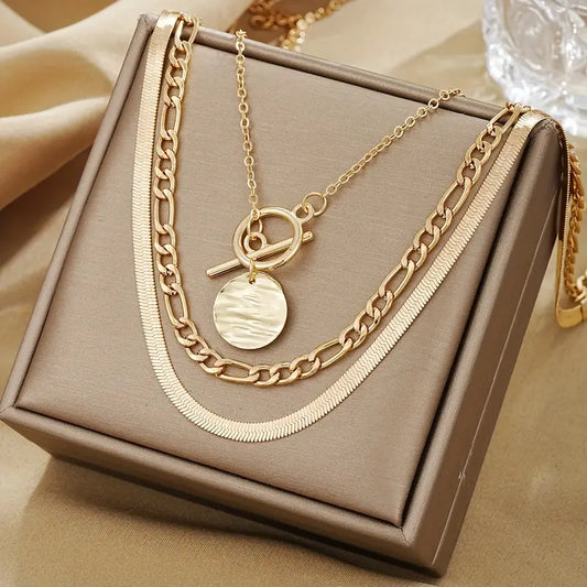 Gold Textured Coin Layered Necklace