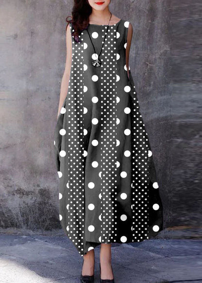 Black Polka Dots O-neck Exra Large Hem Cotton Dresses Sleeveless
