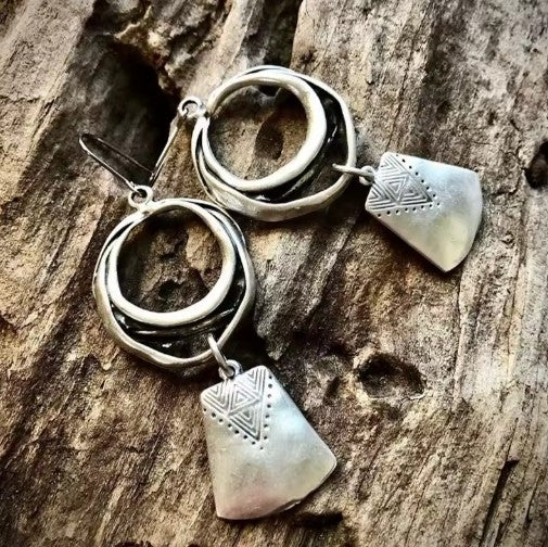 Vintage Silver Hanging Square Carving Dangle Earrings