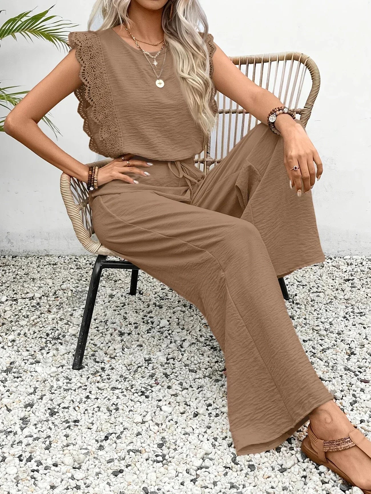CD | Top elegant din dantelă și pantaloni cu picior lat