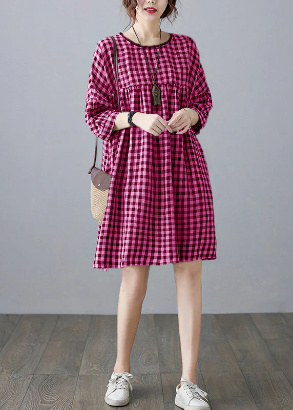O-neck Wrinkled Pocket Yellow Linen Loose Dresses Half Sleeve