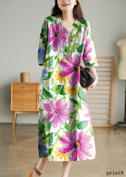 White Print9 Loose Linen Long Dresses Button Half Sleeve