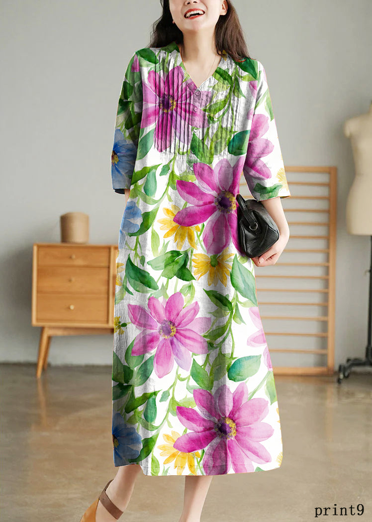 Grey Print7 Loose Linen Long Dresses Button Half Sleeve