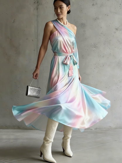 Rainbow Asymmetrical Patchwork Silk Maxi Dress Summer