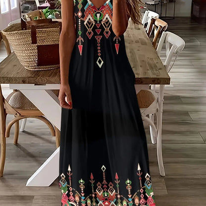 CD | Fresh Geometric Print imprimate V-neck Suspender rochie lungă de vară de vacanță gleznă-lungime plajă și mare Suspender rochie