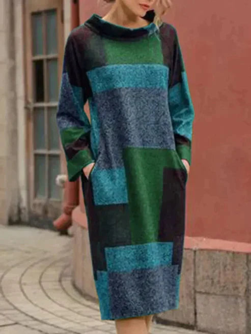 CD | Rochie midi patchwork cu mâneci lungi