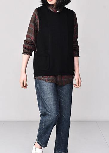 Aesthetic Black Sweater Coat Plussize Sleeveless Knit Sweat Tops O Neck