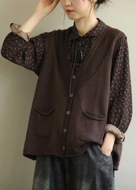 Aesthetic Chocolate V Neck Sleeveless Knit Outwear