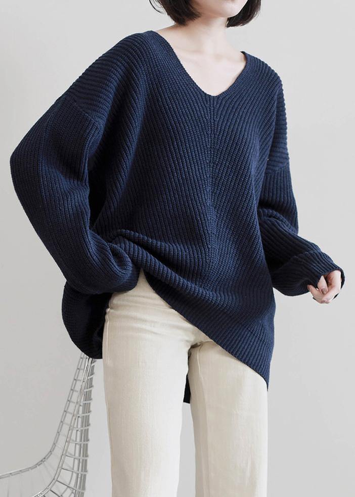 Aesthetic Dark Blue Sweater Tops V Neck Batwing Sleeve Knit Tops