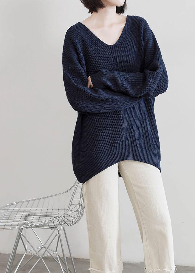 Aesthetic Dark Blue Sweater Tops V Neck Batwing Sleeve Knit Tops