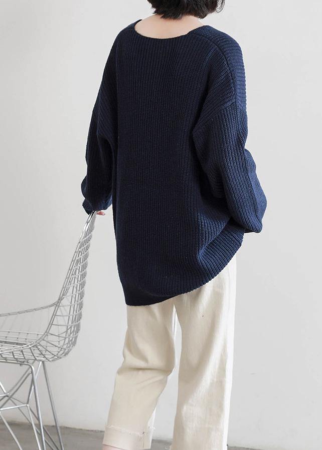 Aesthetic Dark Blue Sweater Tops V Neck Batwing Sleeve Knit Tops