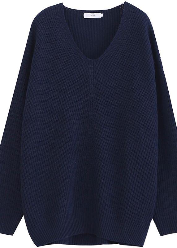 Aesthetic Dark Blue Sweater Tops V Neck Batwing Sleeve Knit Tops