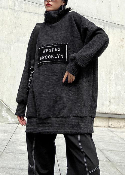 Aesthetic Dark Gray Knit Blouse High Neck Letter Winter Sweaters