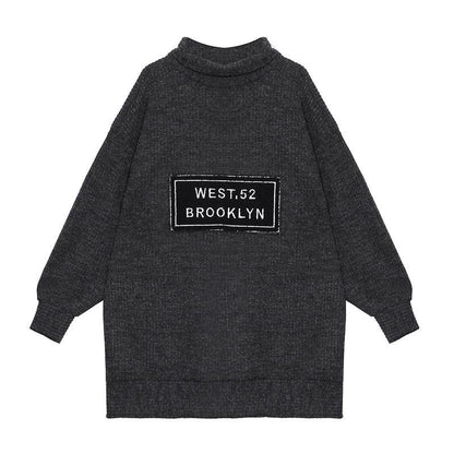 Aesthetic Dark Gray Knit Blouse High Neck Letter Winter Sweaters